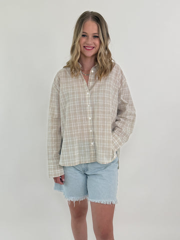 neutral shimmer plaid button down shirt with long sleeves