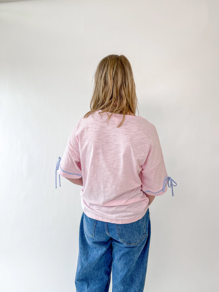 Pink oversized Stars & Bows tee with gingham 'Merica graphic and blue bow