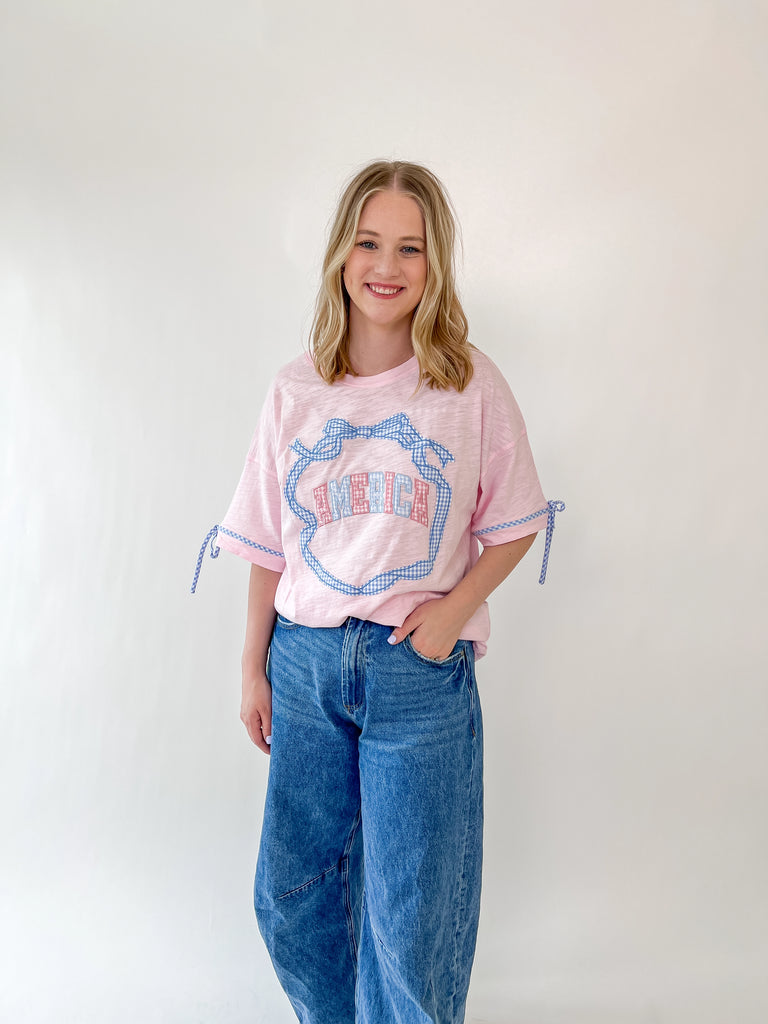 Pink oversized Stars & Bows tee with gingham 'Merica graphic and blue bow