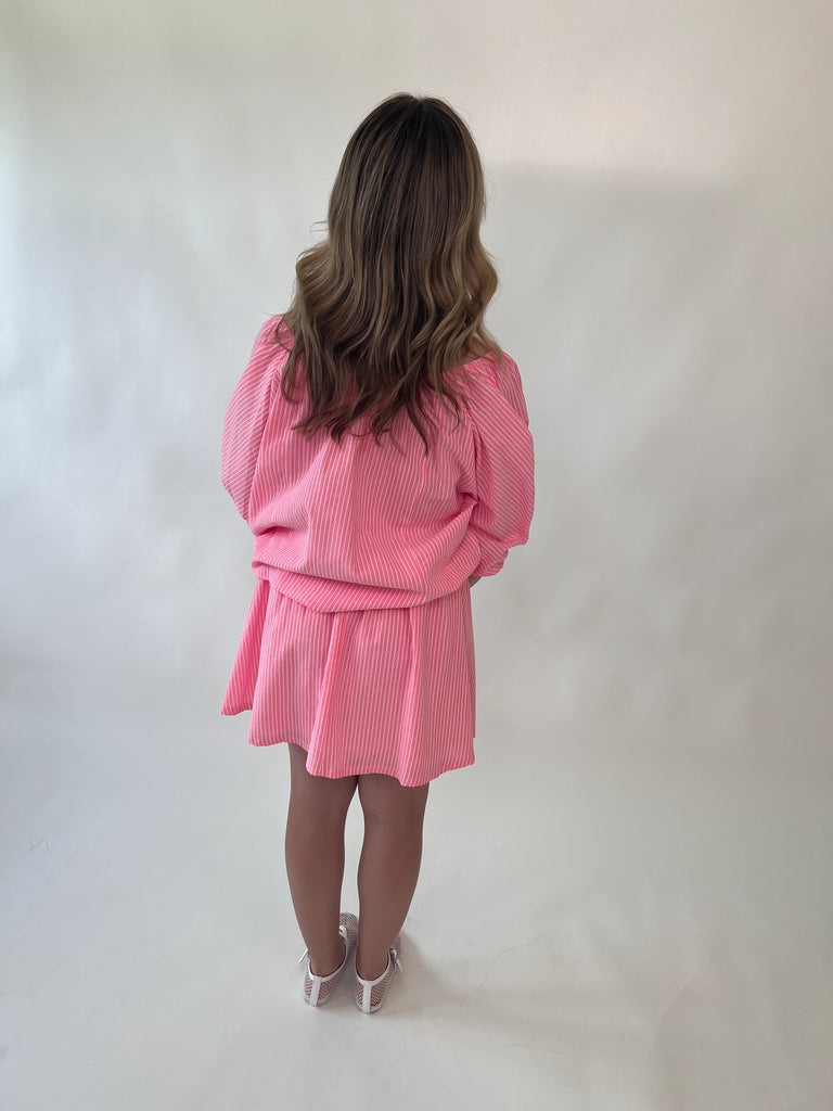 pink off-the-shoulder striped top with front tie detail