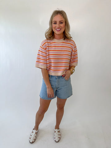 short sleeve striped knit tee in pink, orange, and cream