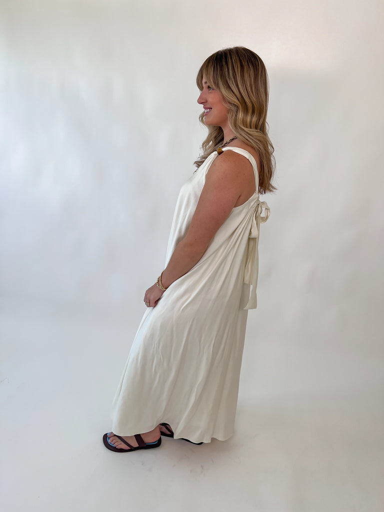 cream maxi dress with bow tie back
