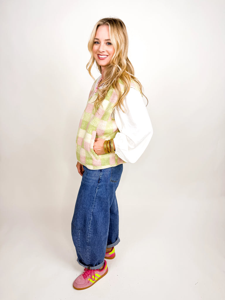 Pink and green checkered sherpa zip vest with zipper pockets