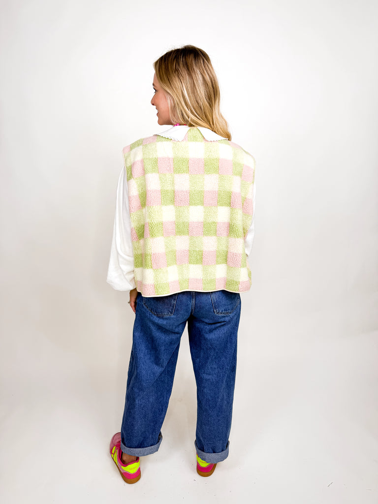 Pink and green checkered sherpa zip vest with zipper pockets