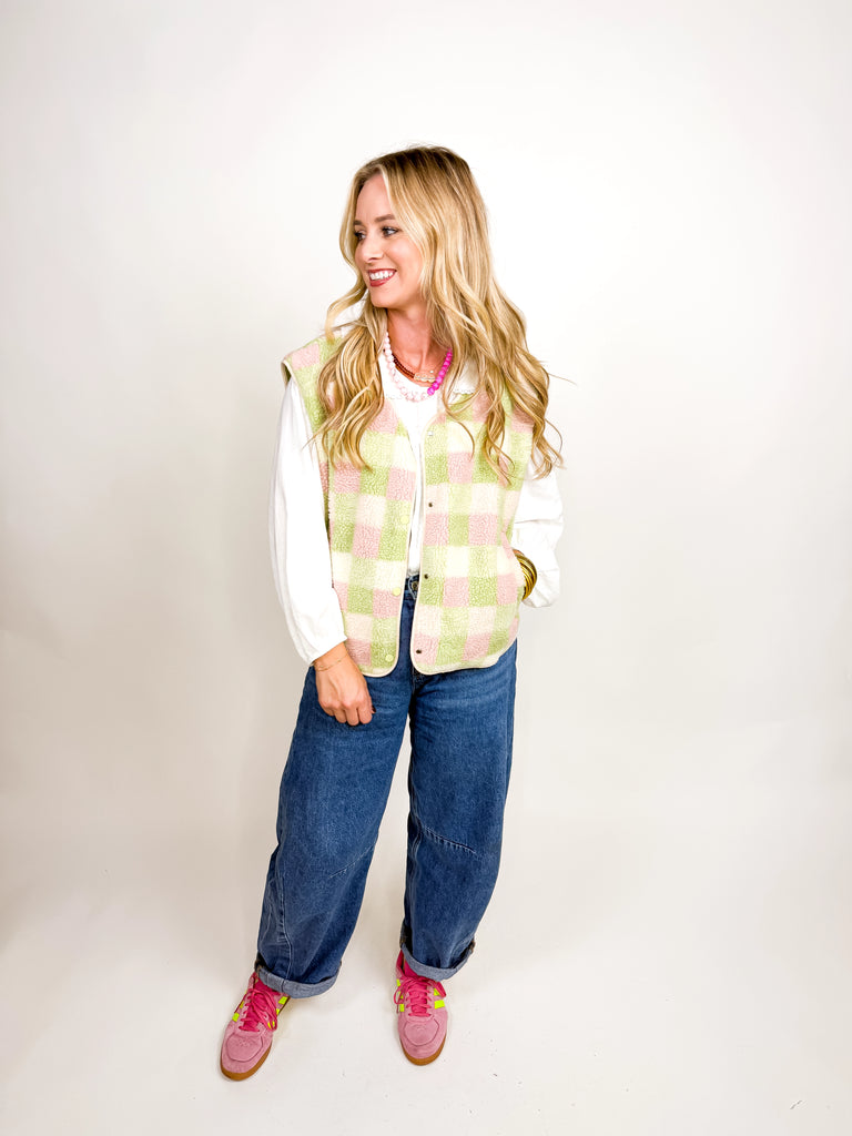 Pink and green checkered sherpa zip vest with zipper pockets