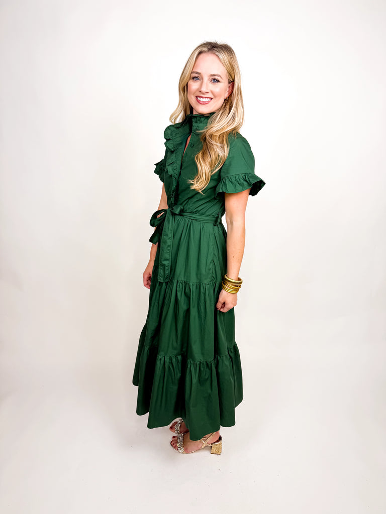 Green midi dress with high ruffle neckline, flutter sleeves, and waist tie