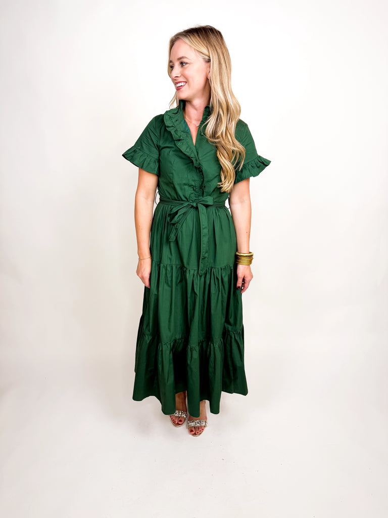 Green midi dress with high ruffle neckline, flutter sleeves, and waist tie
