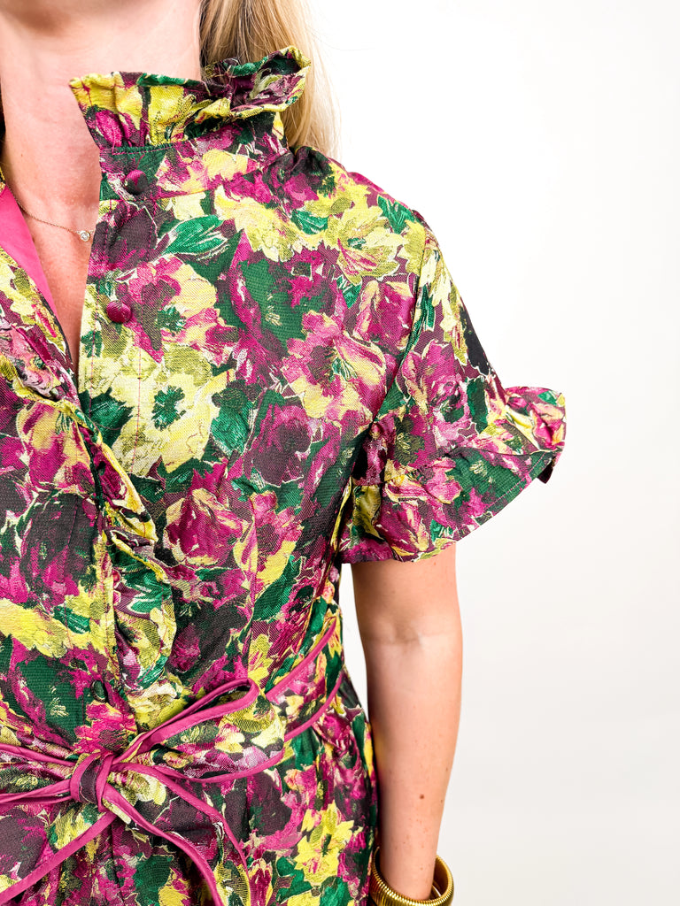 Floral midi dress with high ruffle neckline, flutter sleeves, and tie waist belt