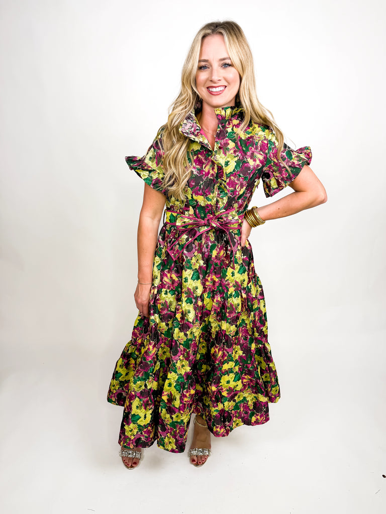 Floral midi dress with high ruffle neckline, flutter sleeves, and tie waist belt