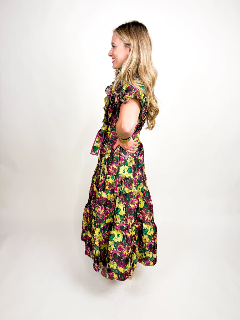 Floral midi dress with high ruffle neckline, flutter sleeves, and tie waist belt