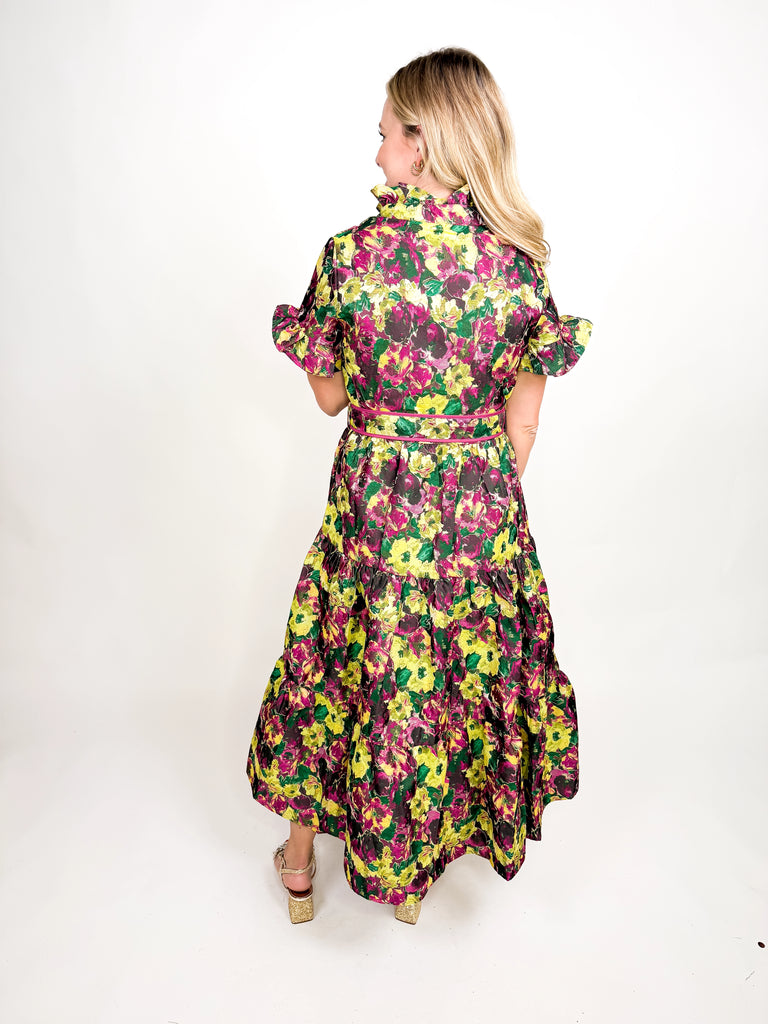 Floral midi dress with high ruffle neckline, flutter sleeves, and tie waist belt