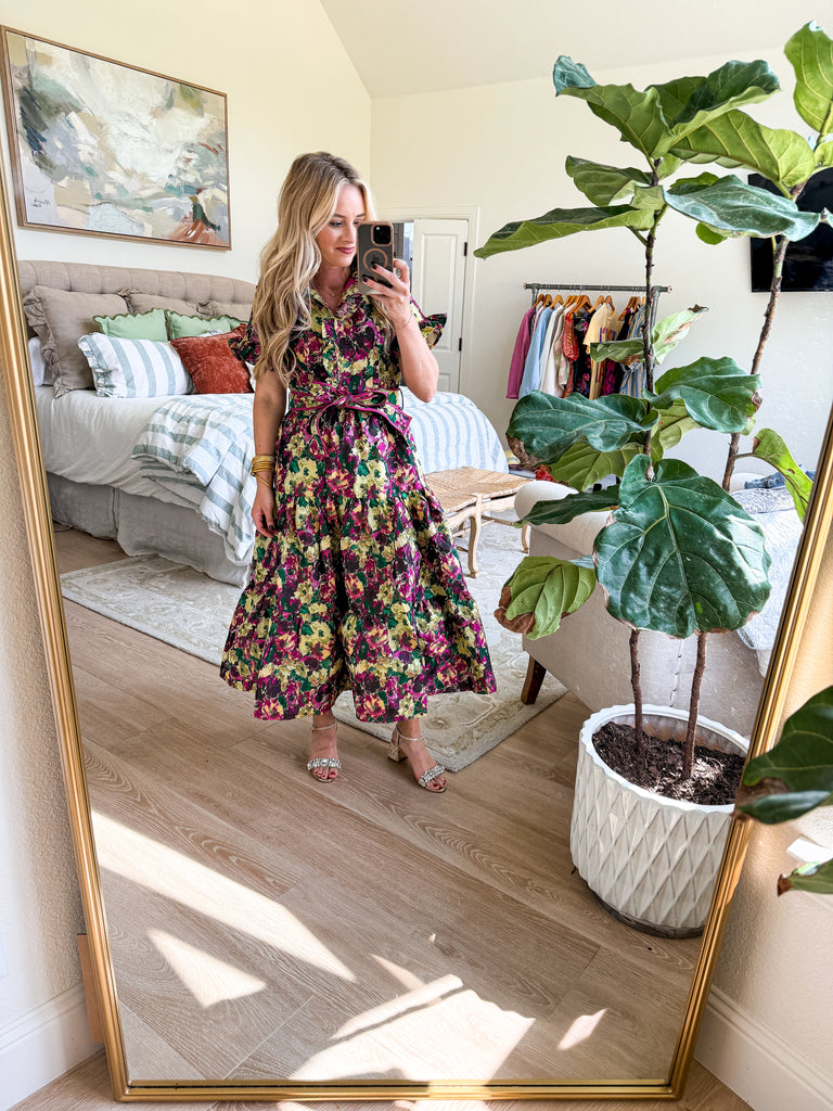 Floral midi dress with high ruffle neckline, flutter sleeves, and tie waist belt