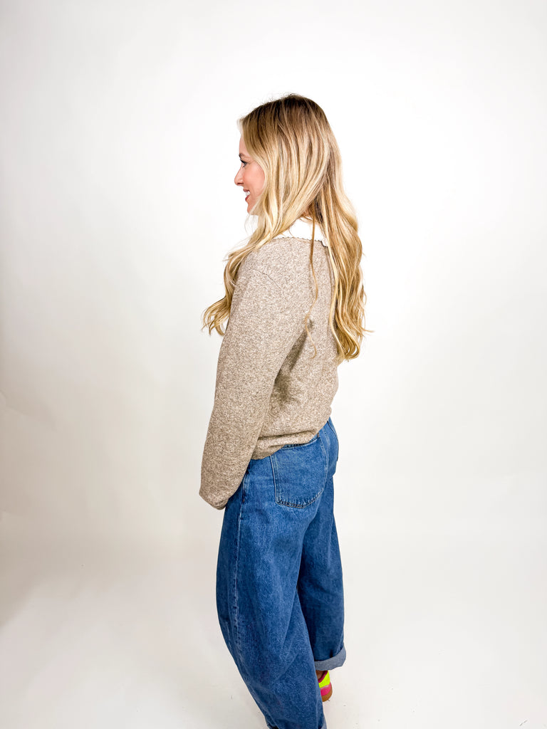 Taupe knit cardigan with floral buttons, long sleeves