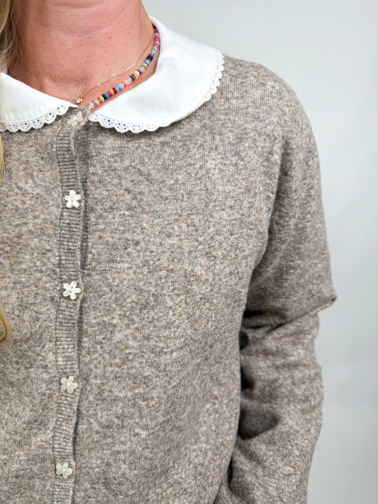 Taupe knit cardigan with floral buttons, long sleeves