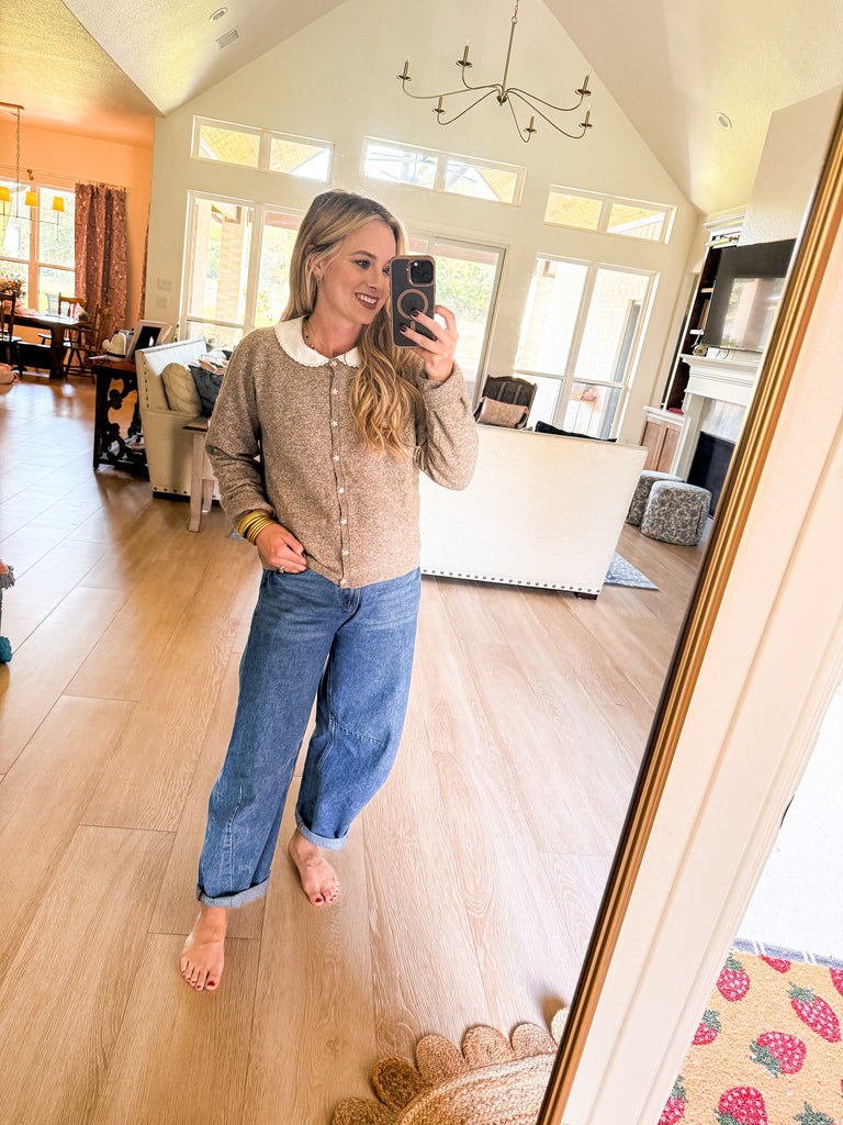 Taupe knit cardigan with floral buttons, long sleeves