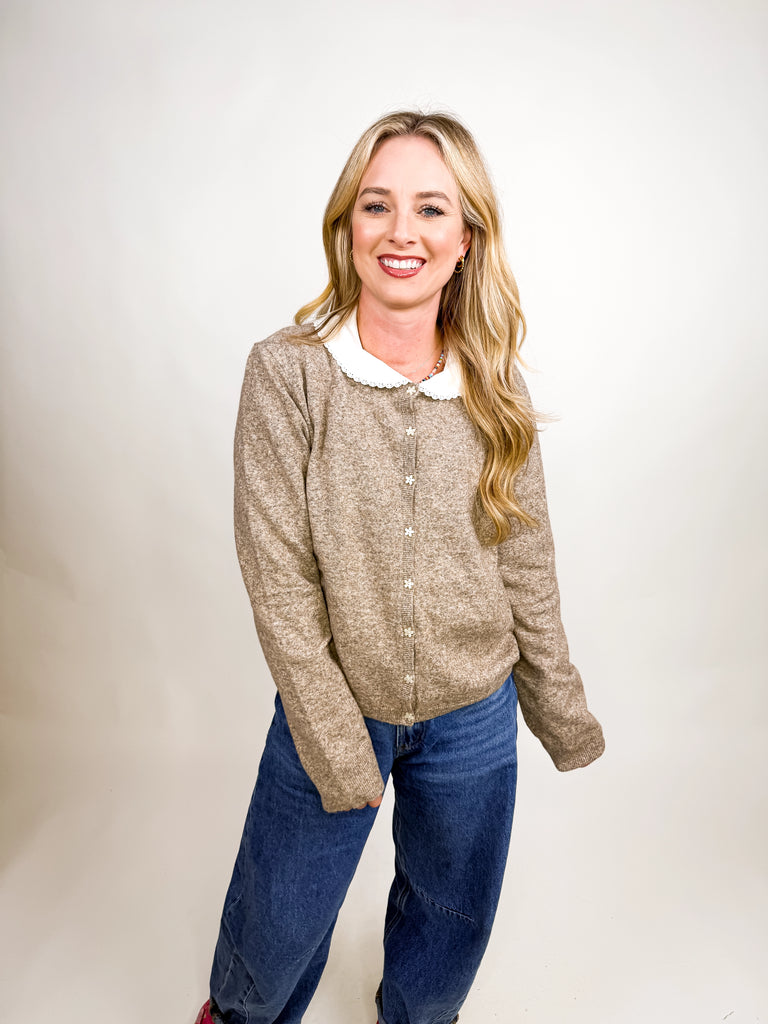 Taupe knit cardigan with floral buttons, long sleeves
