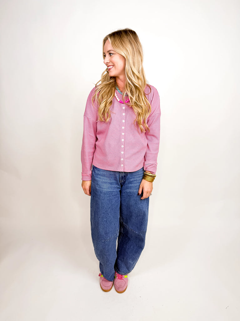 Pink and white striped button-front long sleeve top