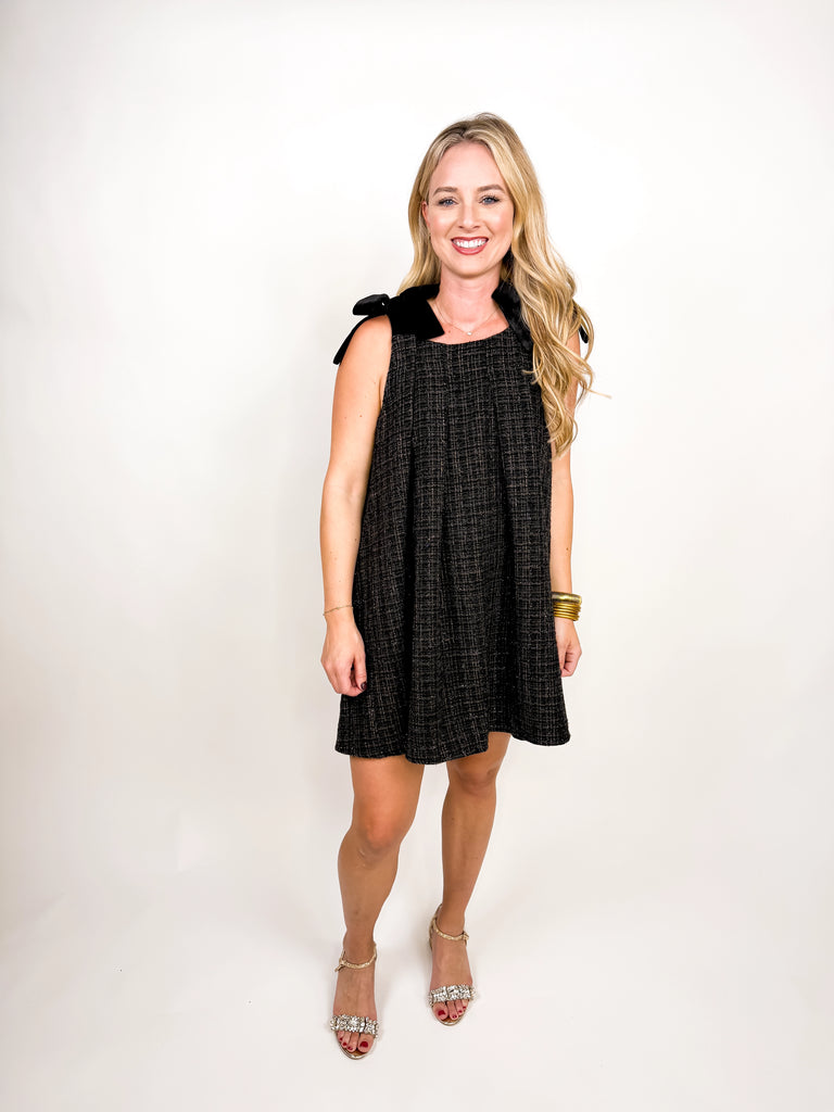 The Velvet Tweed Mini Dress featuring velvet shoulders and a tweed bodice