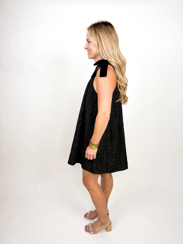 The Velvet Tweed Mini Dress featuring velvet shoulders and a tweed bodice