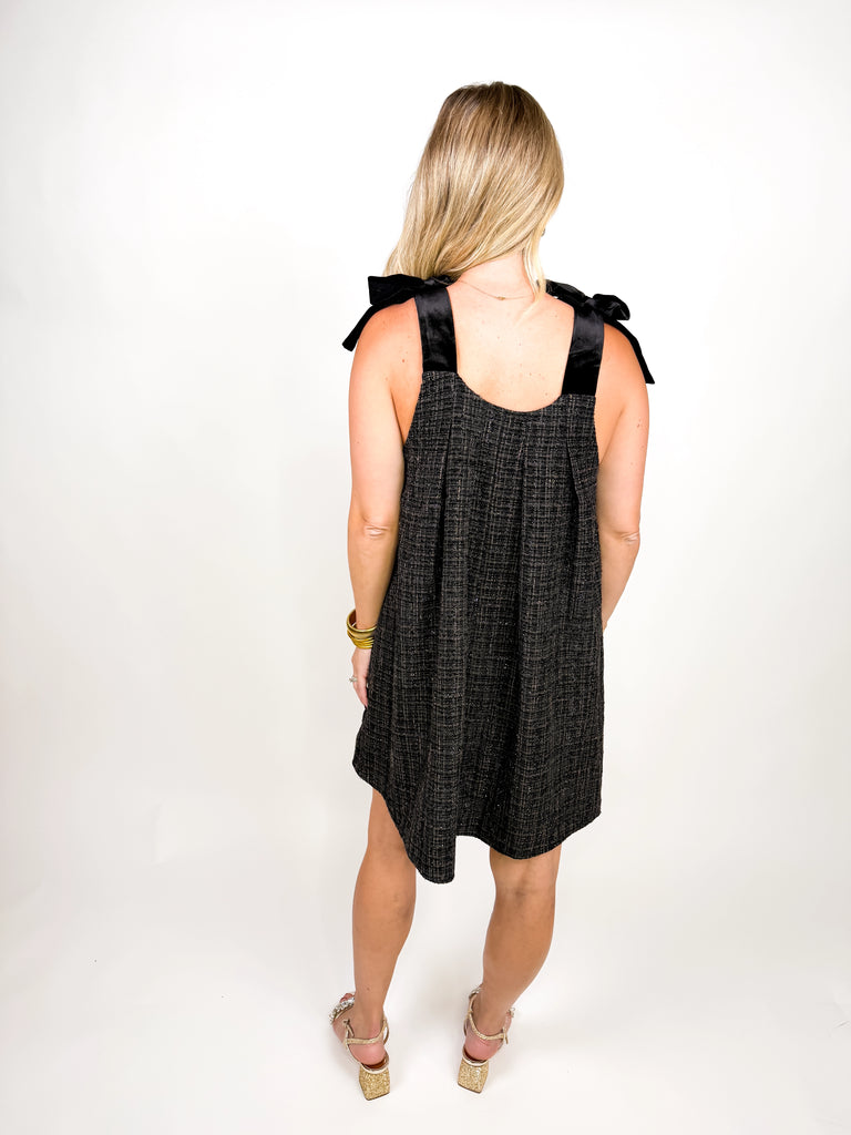 The Velvet Tweed Mini Dress featuring velvet shoulders and a tweed bodice