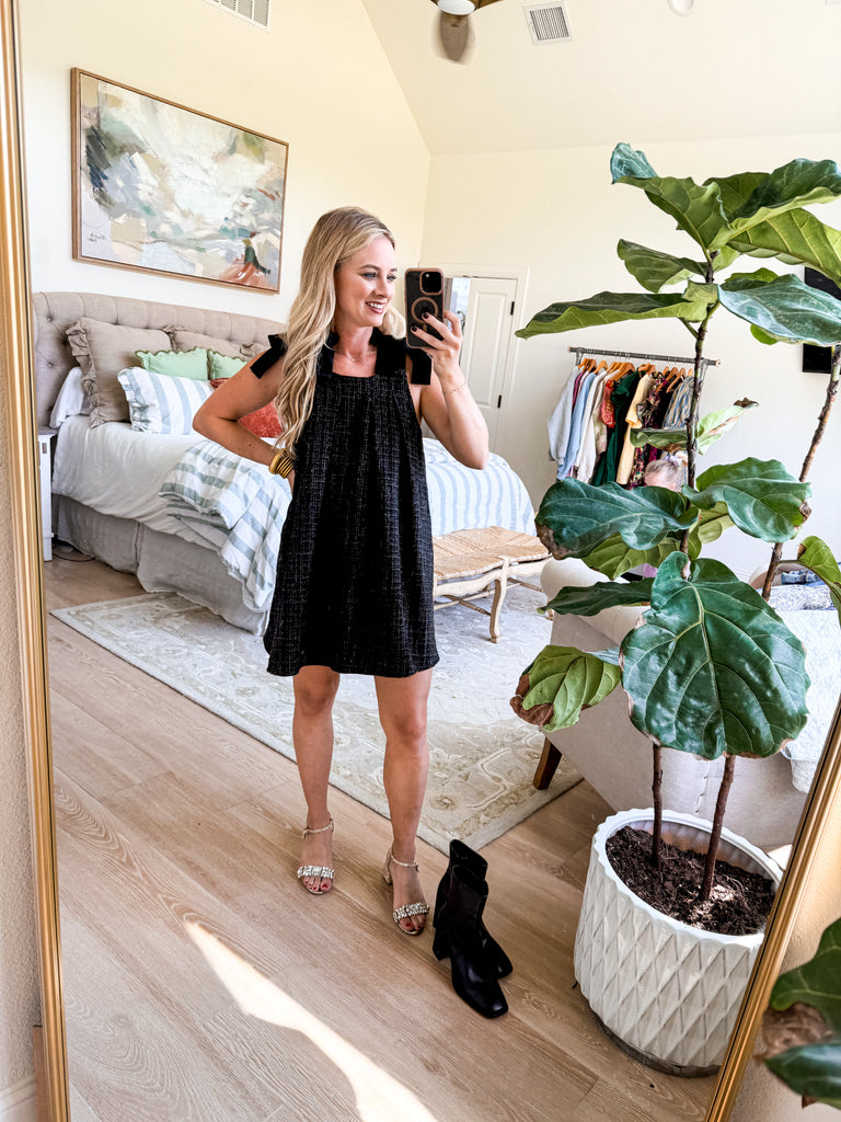 The Velvet Tweed Mini Dress featuring velvet shoulders and a tweed bodice