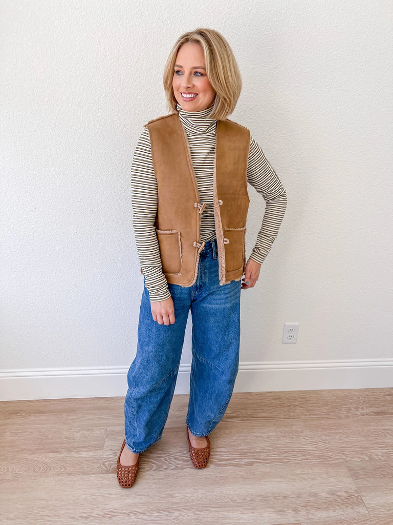 women's brown shearling button vest for sale