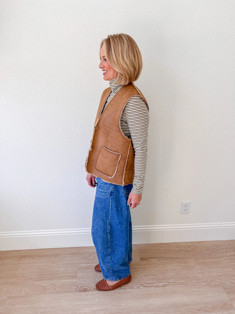 women's brown shearling button vest for sale
