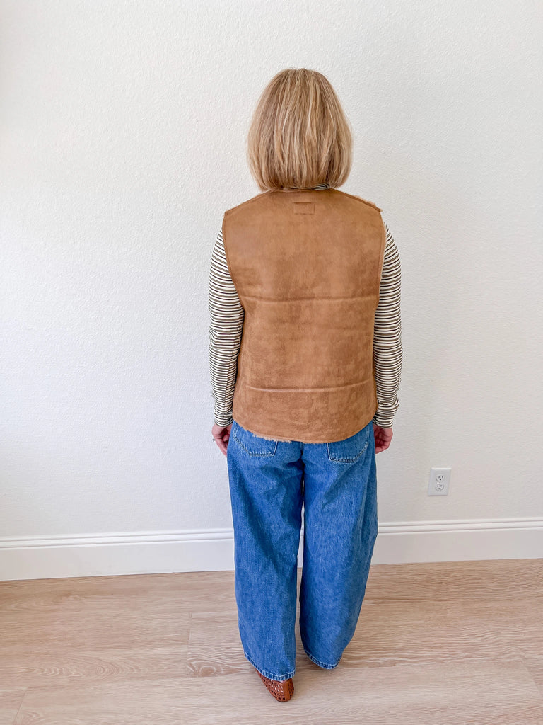 women's brown shearling button vest for sale