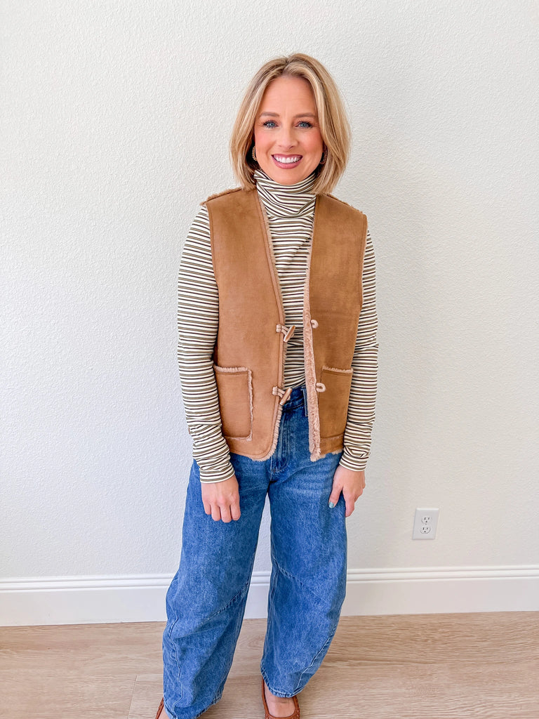 women's brown shearling button vest for sale