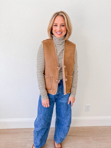 women's brown shearling button vest for sale